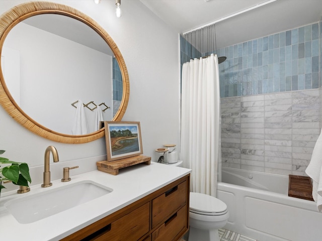 full bathroom with toilet, vanity, and shower / bathtub combination with curtain