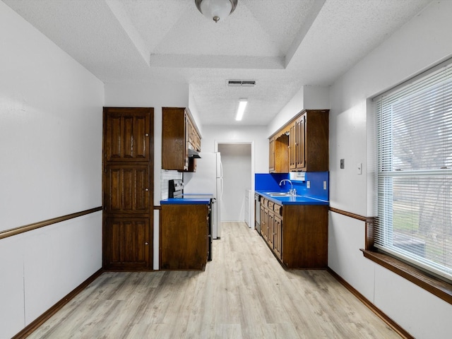 kitchen with sink, stainless steel dishwasher, a textured ceiling, and light hardwood / wood-style flooring