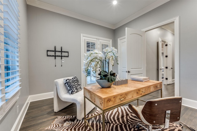 home office featuring ornamental molding and dark hardwood / wood-style flooring