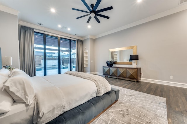 bedroom with ornamental molding, dark wood-type flooring, and ceiling fan