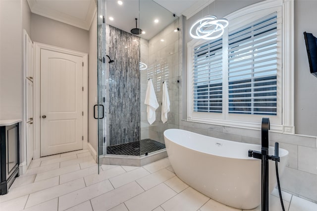 bathroom featuring tile walls, tile patterned flooring, crown molding, and shower with separate bathtub