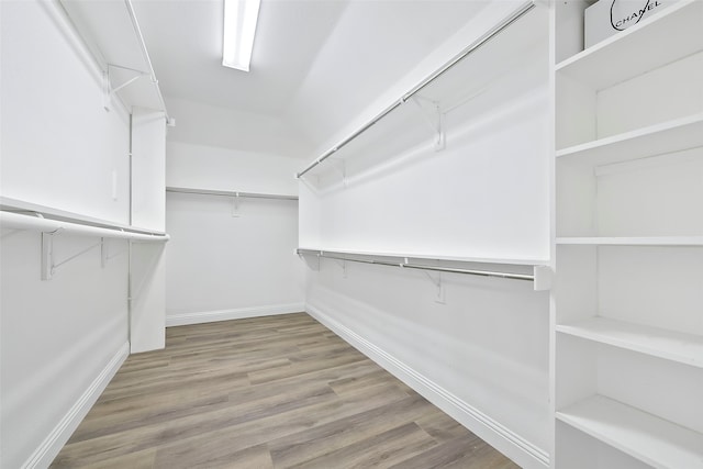 walk in closet with light hardwood / wood-style flooring