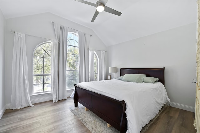 bedroom featuring lofted ceiling, light hardwood / wood-style floors, and multiple windows