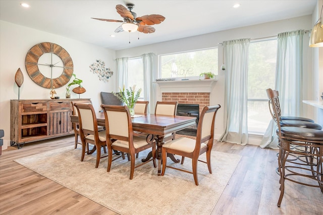 dining space featuring ceiling fan, a fireplace, and light hardwood / wood-style floors