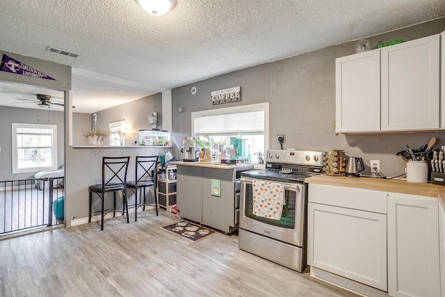 kitchen featuring electric stove, light hardwood / wood-style flooring, white cabinetry, a textured ceiling, and kitchen peninsula