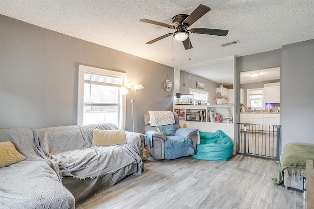 living room featuring wood-type flooring, a textured ceiling, and a wealth of natural light