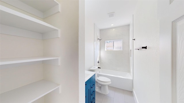 full bathroom featuring vanity, tiled shower / bath combo, tile patterned floors, and toilet