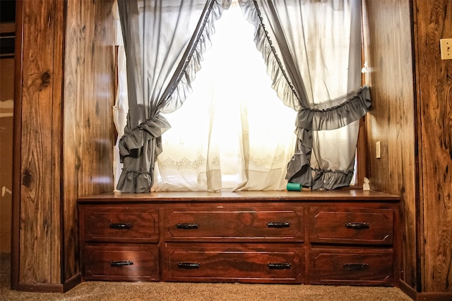 mudroom with light colored carpet and wood walls