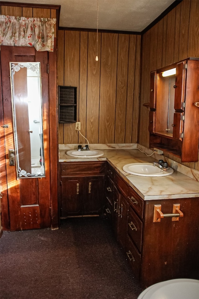 bathroom featuring crown molding, vanity, and wooden walls