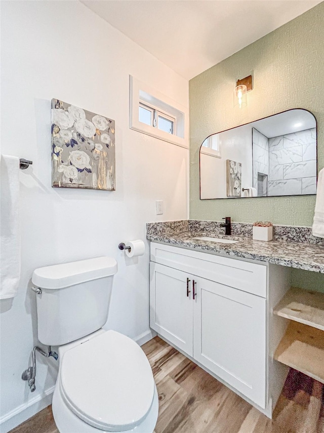 bathroom featuring vanity, wood-type flooring, and toilet