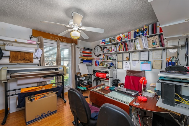 office with a textured ceiling, light hardwood / wood-style floors, and ceiling fan