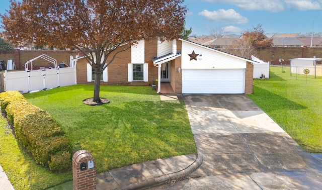 ranch-style home featuring a garage and a front lawn