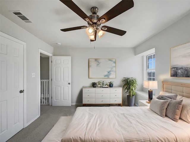 carpeted bedroom featuring ceiling fan