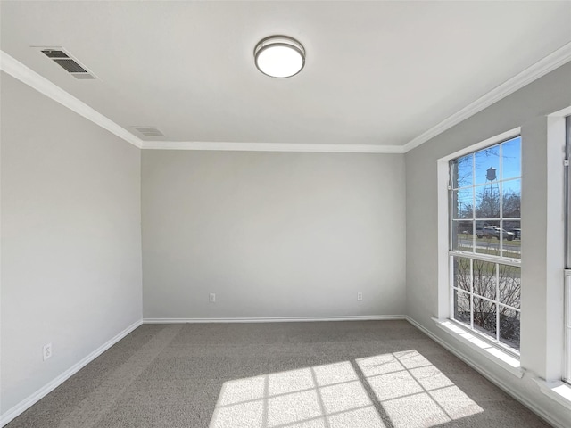 carpeted spare room with ornamental molding