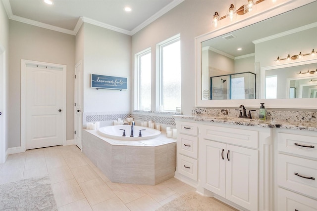 bathroom with crown molding, vanity, shower with separate bathtub, and tile patterned flooring