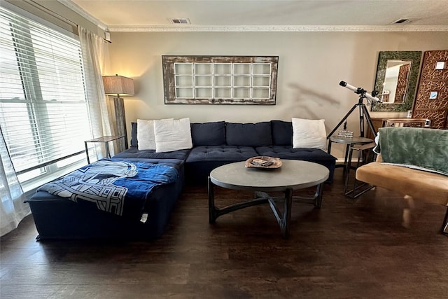 living room featuring ornamental molding and dark hardwood / wood-style floors