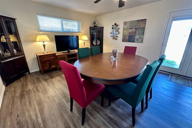 dining space with hardwood / wood-style flooring and ceiling fan