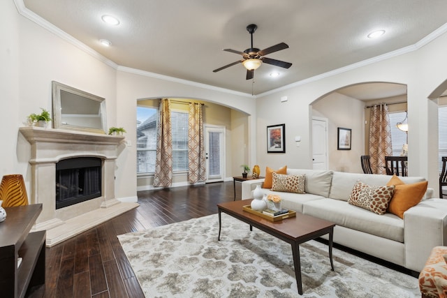 living room featuring dark hardwood / wood-style flooring, a high end fireplace, ornamental molding, and ceiling fan