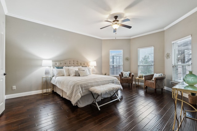 bedroom featuring ornamental molding, ceiling fan, and dark hardwood / wood-style flooring