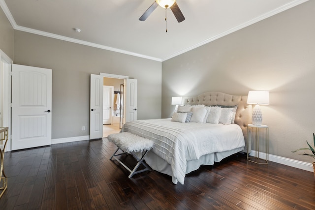 bedroom with crown molding, ceiling fan, and dark hardwood / wood-style floors