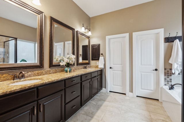 bathroom featuring vanity and plus walk in shower