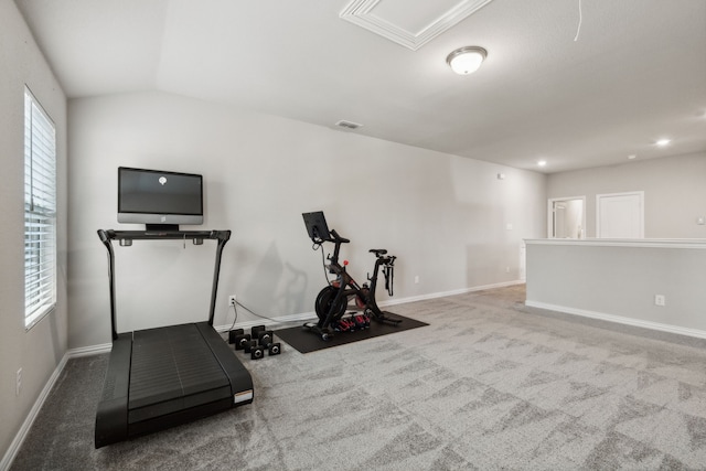 exercise room featuring vaulted ceiling and carpet floors