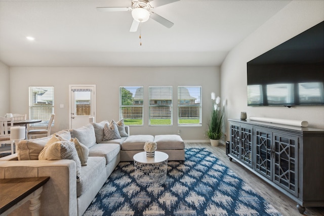 living room with hardwood / wood-style flooring and ceiling fan