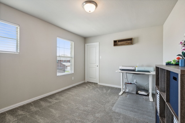 office space featuring carpet and a textured ceiling