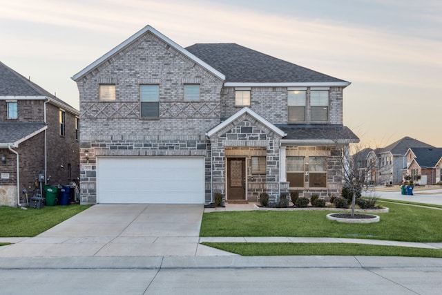 view of front of property with a garage and a yard