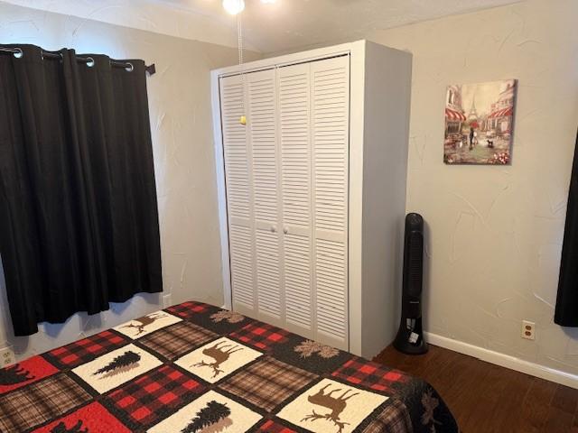 bedroom with dark hardwood / wood-style floors and a closet