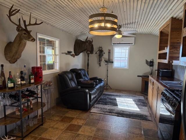 living room featuring a wall mounted air conditioner, vaulted ceiling, and wooden ceiling