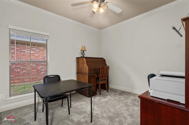 home office featuring ceiling fan, light colored carpet, and ornamental molding