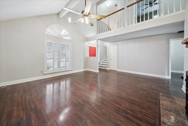 unfurnished living room featuring dark hardwood / wood-style flooring, beam ceiling, high vaulted ceiling, and ceiling fan