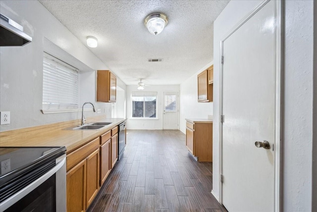 kitchen with sink, range hood, dark hardwood / wood-style floors, stainless steel appliances, and a textured ceiling