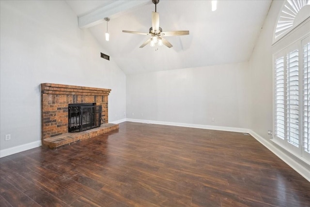 unfurnished living room with beam ceiling, high vaulted ceiling, dark hardwood / wood-style flooring, ceiling fan, and a fireplace