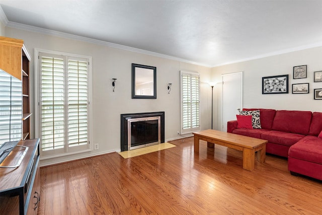 living room featuring ornamental molding, a healthy amount of sunlight, and light hardwood / wood-style floors