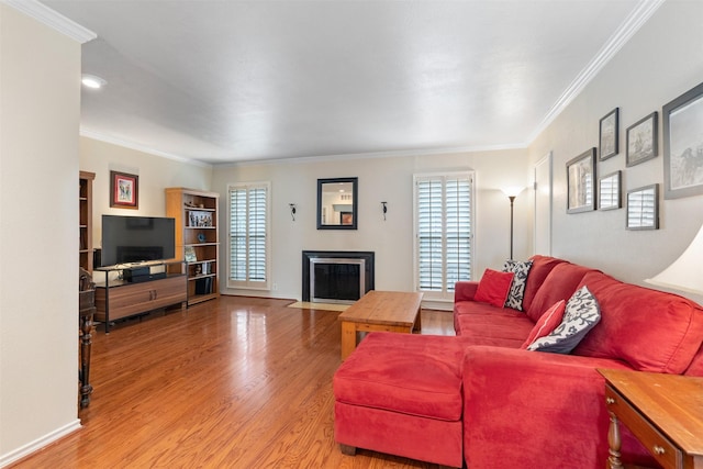 living room with hardwood / wood-style floors and ornamental molding