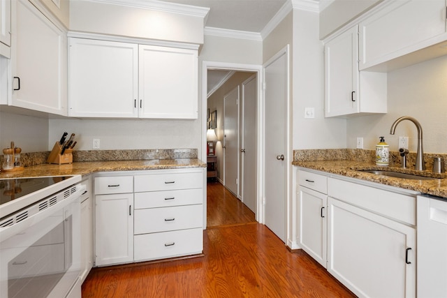 kitchen featuring sink, hardwood / wood-style flooring, ornamental molding, and white cabinets