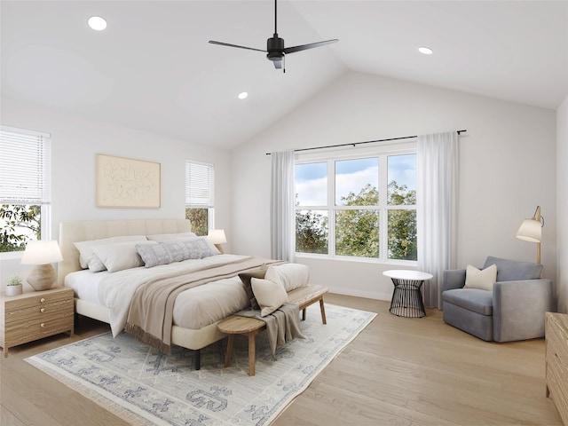 bedroom with ceiling fan, lofted ceiling, and light hardwood / wood-style floors