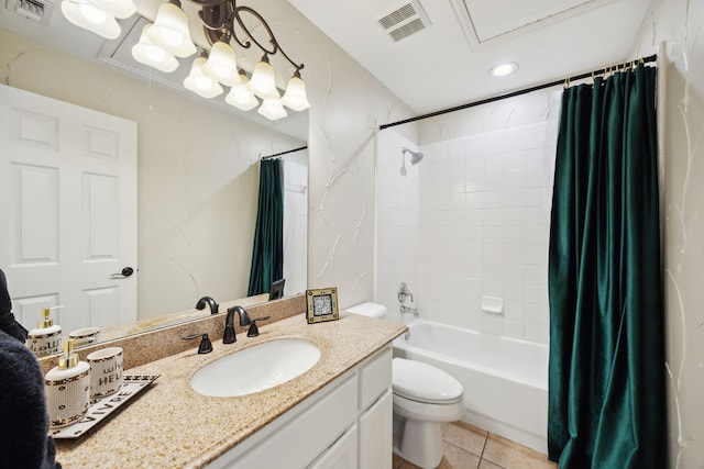 full bathroom featuring vanity, shower / bathtub combination with curtain, tile patterned floors, and toilet