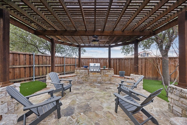 view of patio / terrace with ceiling fan, an outdoor kitchen, grilling area, and a pergola