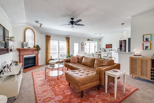 living room featuring lofted ceiling, carpet floors, sink, ceiling fan, and crown molding