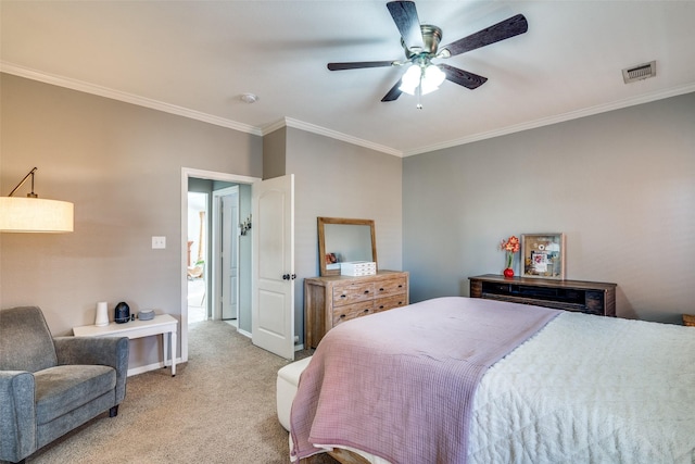 bedroom featuring ornamental molding, light carpet, and ceiling fan