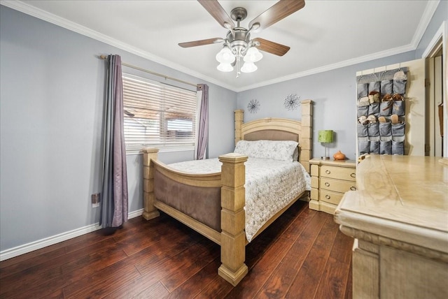 bedroom featuring dark wood-type flooring, ceiling fan, and ornamental molding