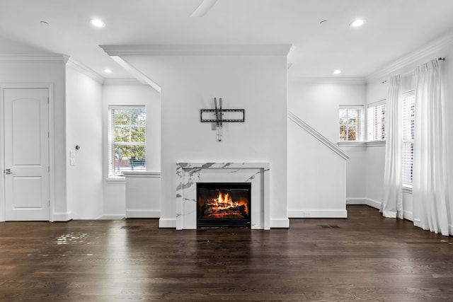 unfurnished living room with dark hardwood / wood-style flooring, a high end fireplace, and ornamental molding