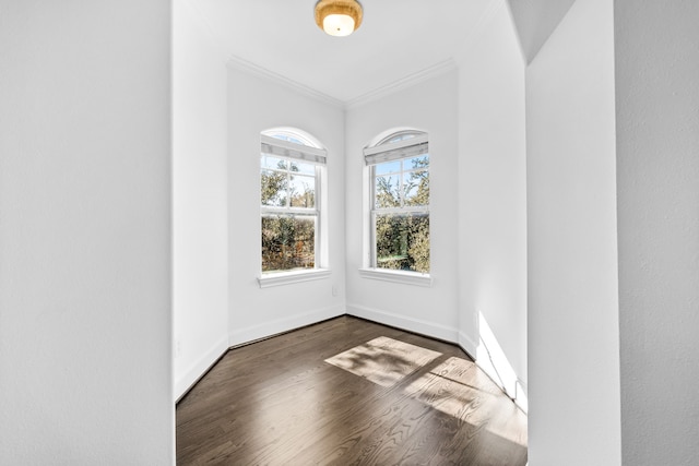 unfurnished room with crown molding and dark wood-type flooring