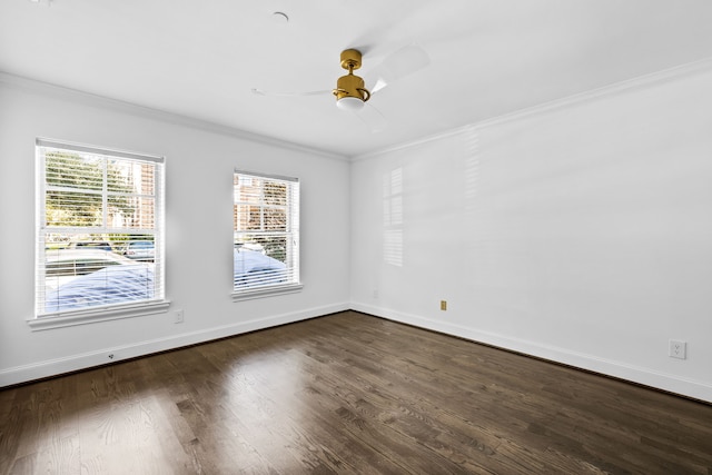 unfurnished room featuring crown molding, ceiling fan, and dark hardwood / wood-style flooring