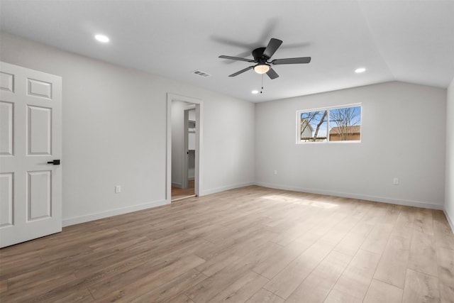 unfurnished bedroom with visible vents, a ceiling fan, recessed lighting, light wood finished floors, and baseboards