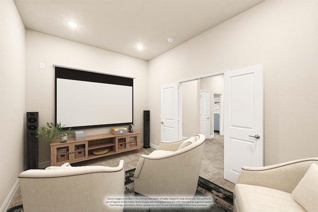 carpeted cinema room featuring recessed lighting and baseboards