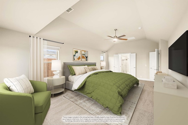 carpeted bedroom featuring lofted ceiling, ceiling fan, visible vents, and baseboards